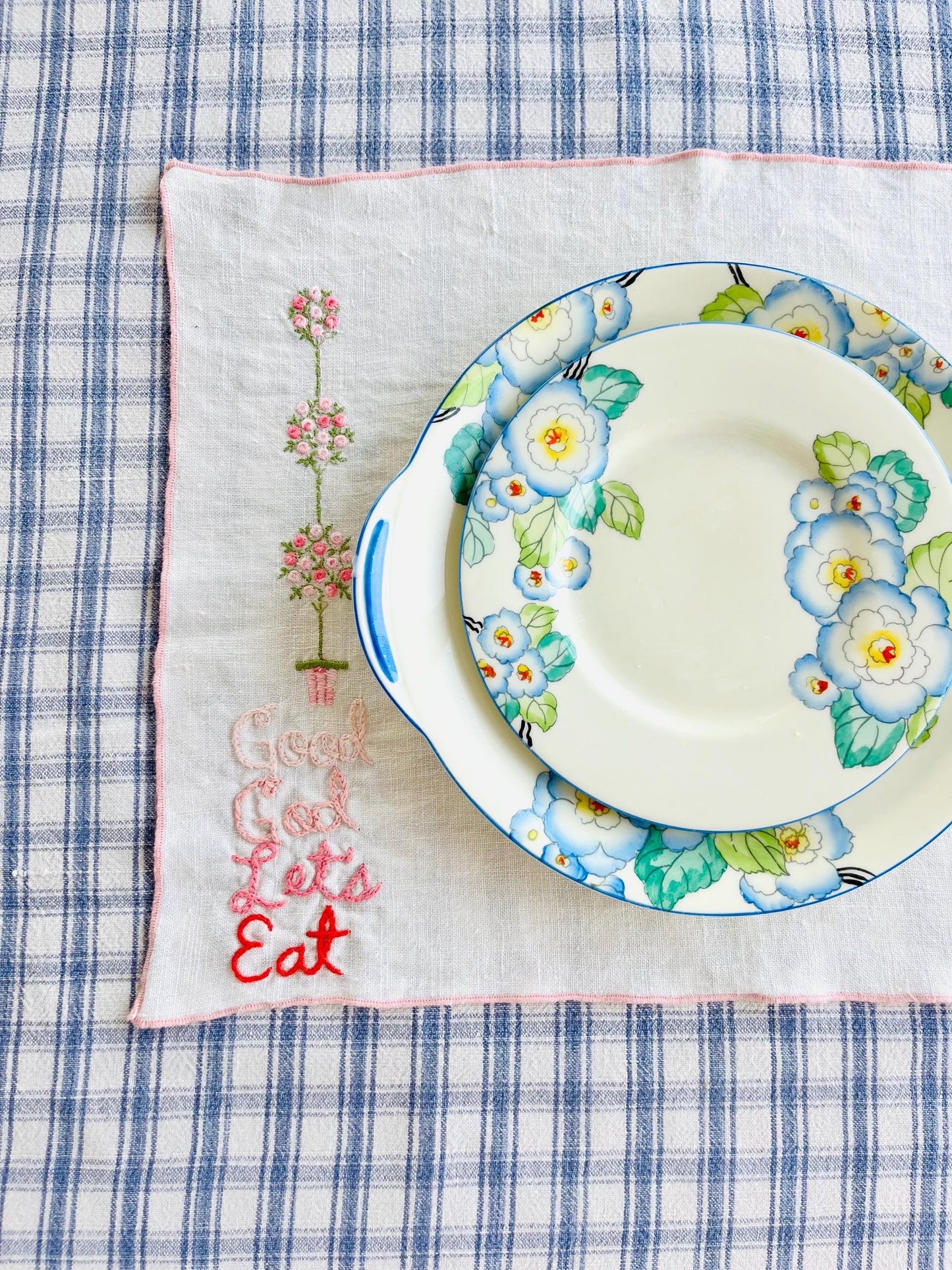 Hand-embroidered “Good God Let’s Eat” vintage placemats