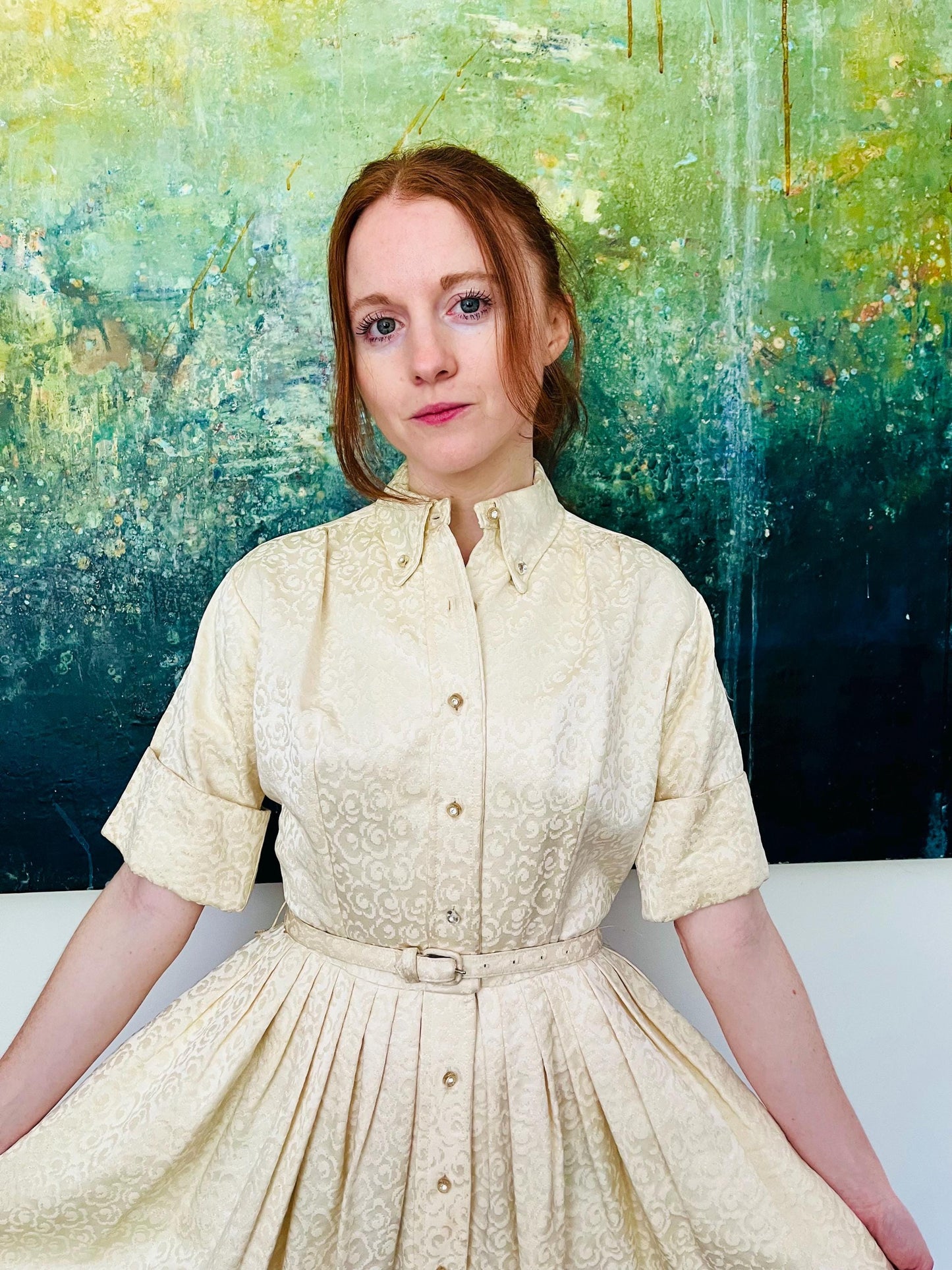 1950s Cream Damask Cocktail Dress