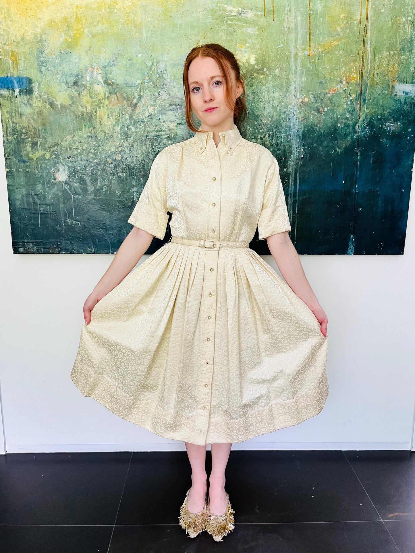 1950s Cream Damask Cocktail Dress
