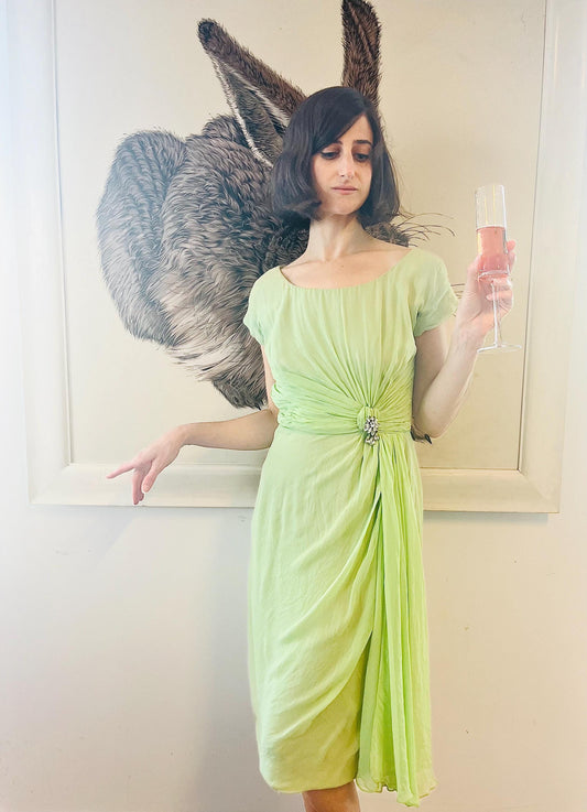 1950s Pistachio Chiffon Cocktail Dress
