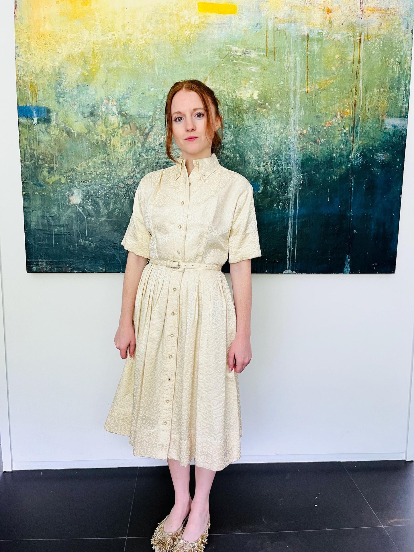 1950s Cream Damask Cocktail Dress