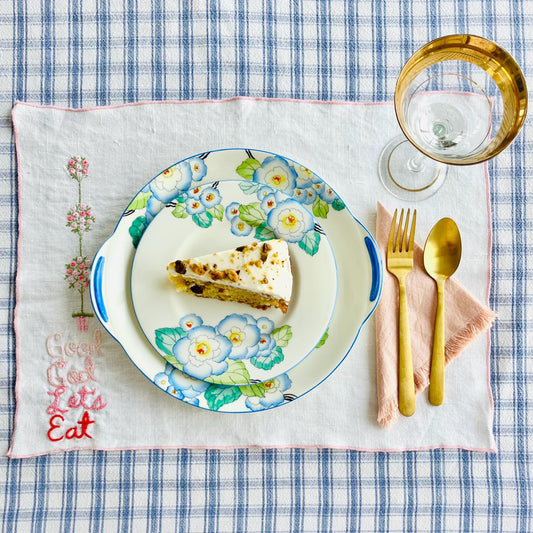 Hand-embroidered “Good God Let’s Eat” vintage placemats