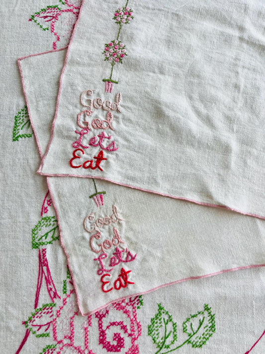 Hand-embroidered “Good God Let’s Eat” vintage placemats