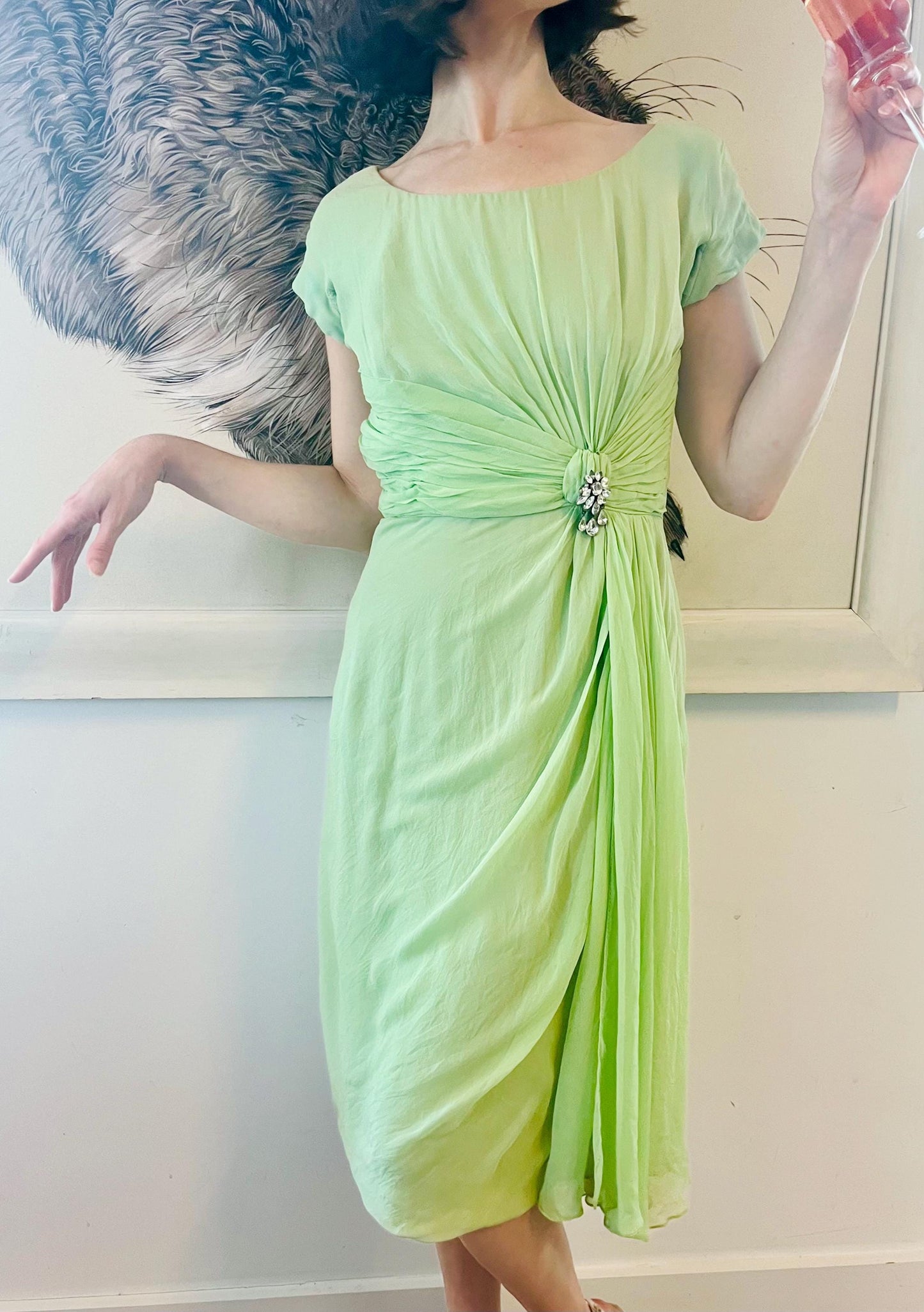 1950s Pistachio Chiffon Cocktail Dress