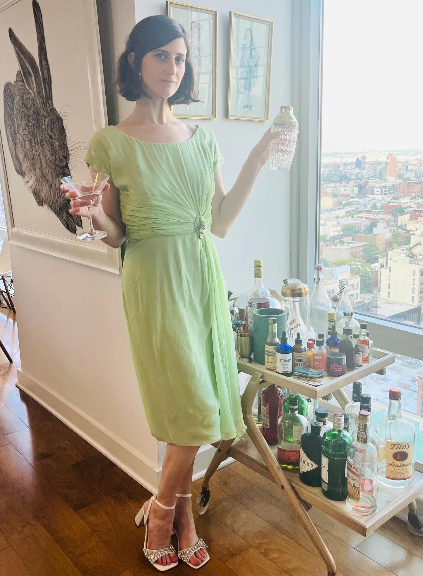 1950s Pistachio Chiffon Cocktail Dress