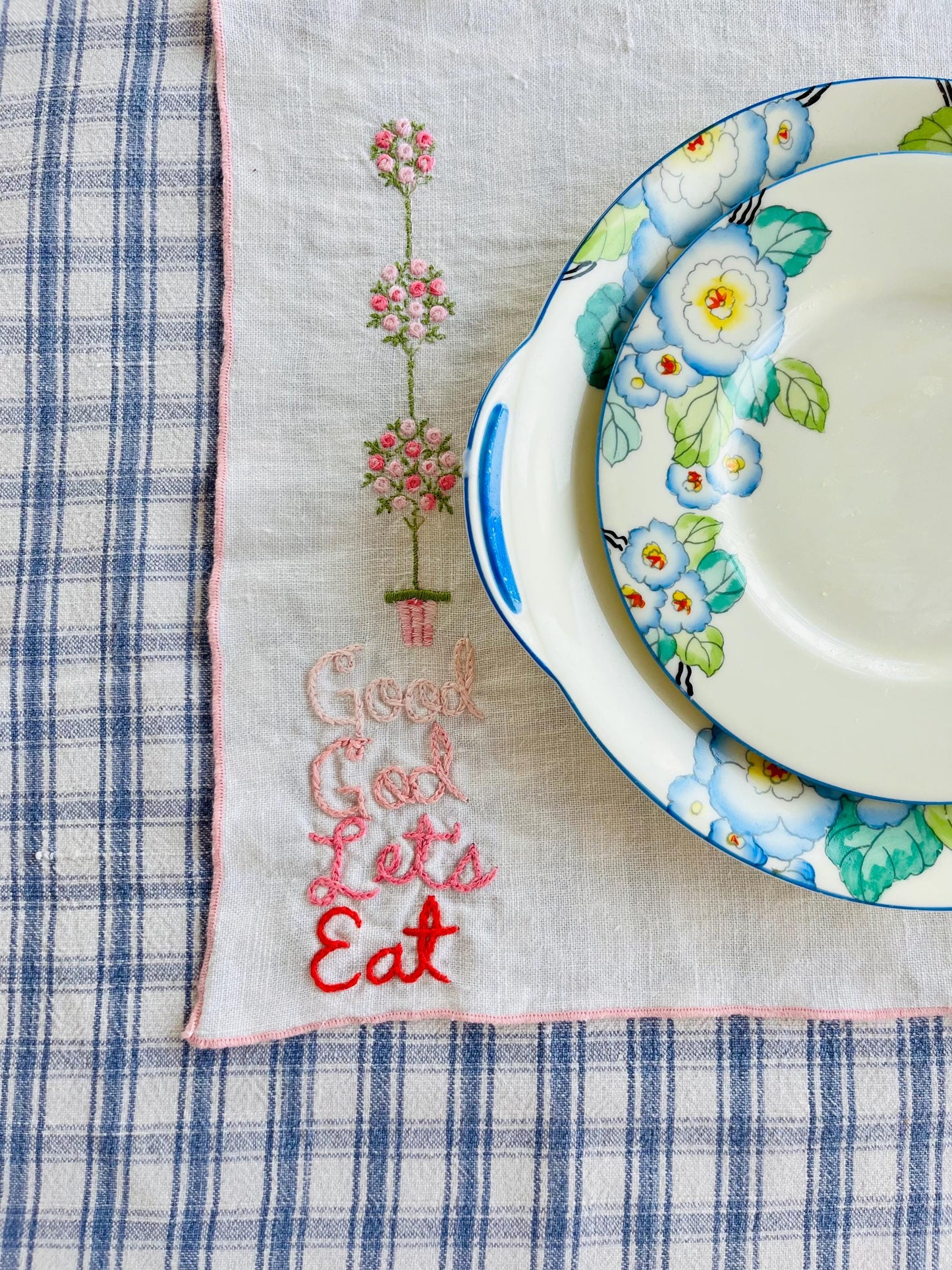 Hand-embroidered “Good God Let’s Eat” vintage placemats